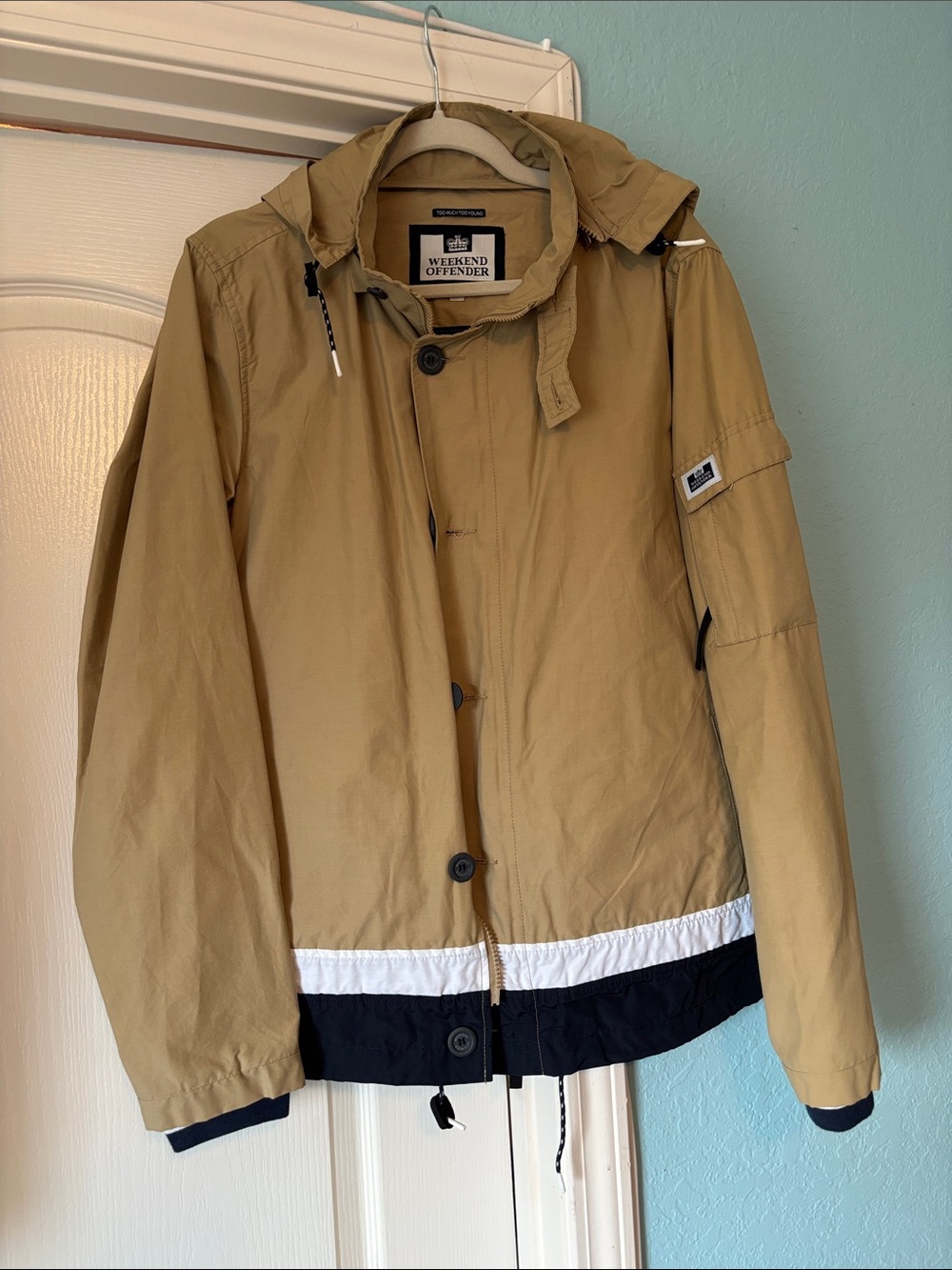 Weekend Offender Men’s Tan Hooded Rain Jacket with Black & White Trim